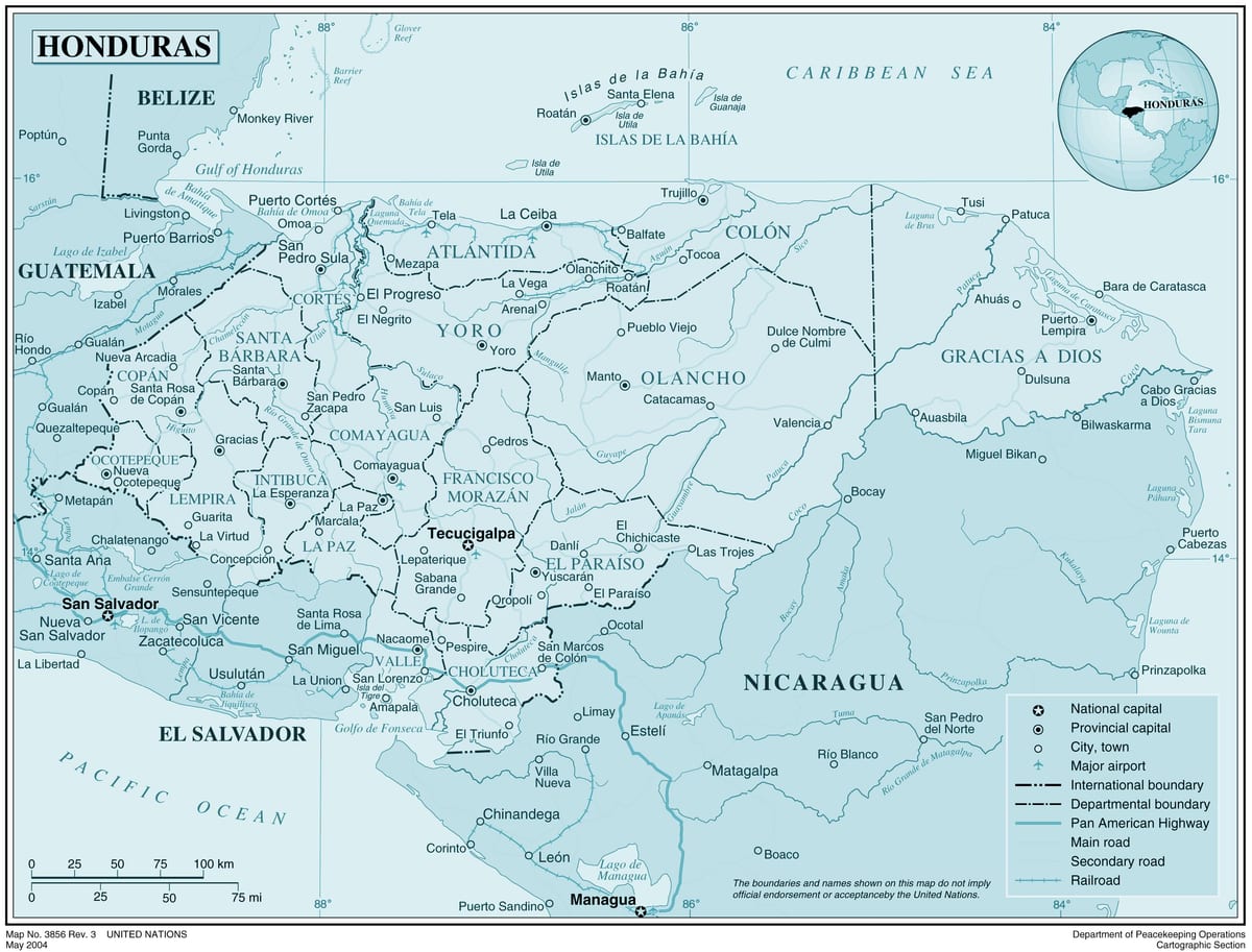 harta fizică, harta din Honduras