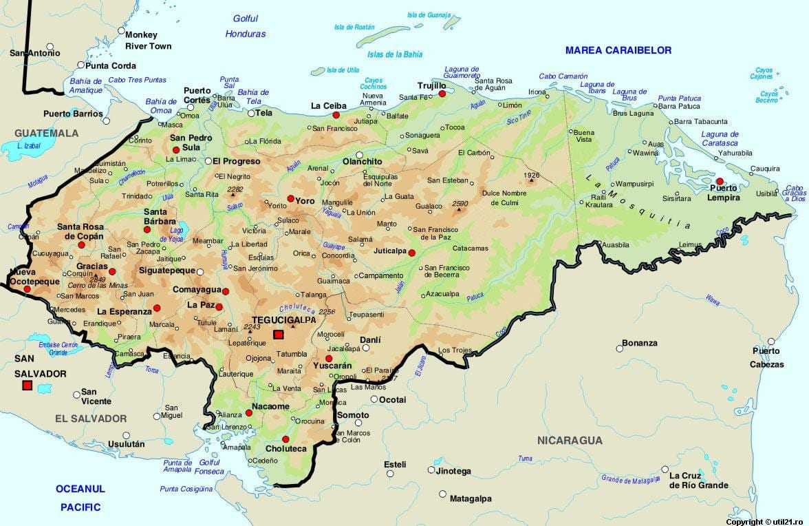 harta Honduras și în țările din jur