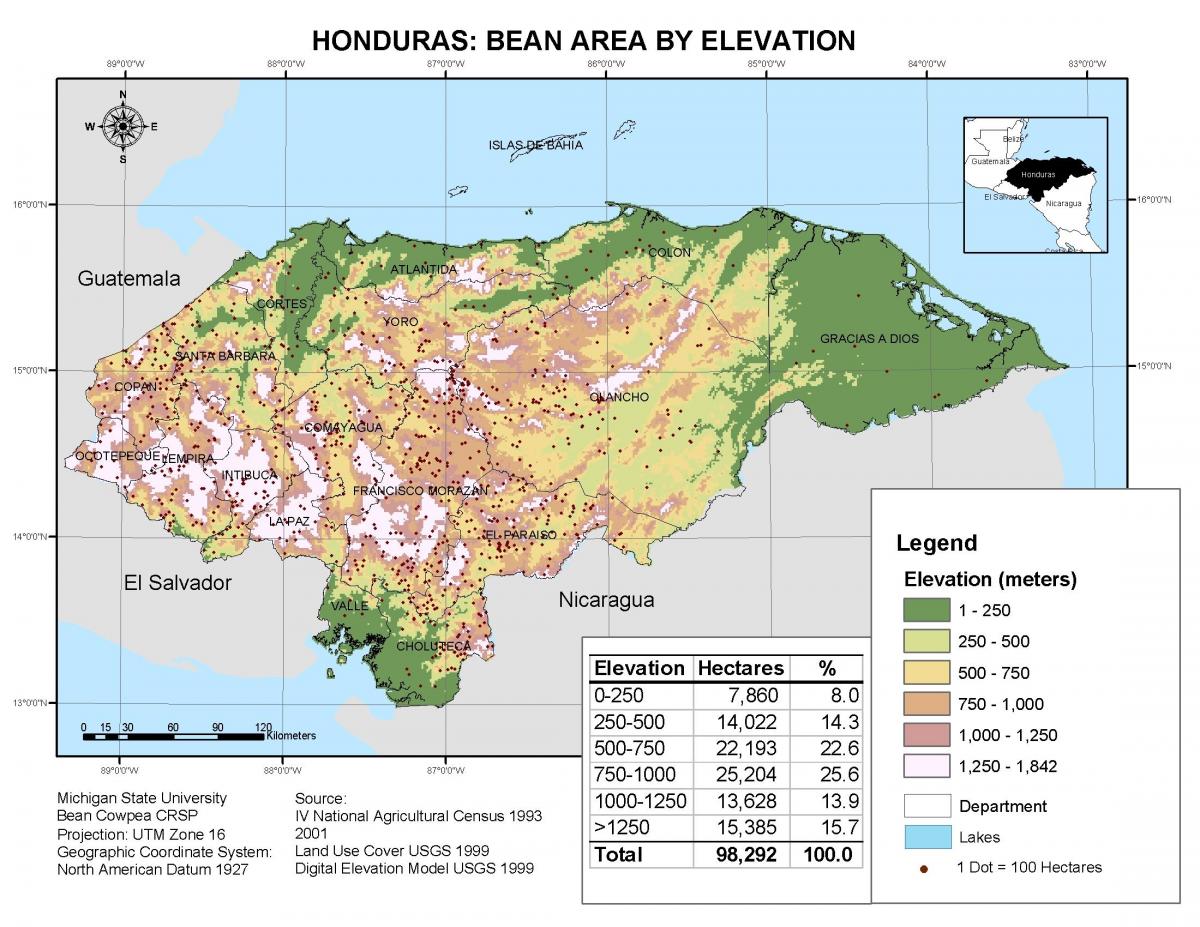 harta Honduras altitudine